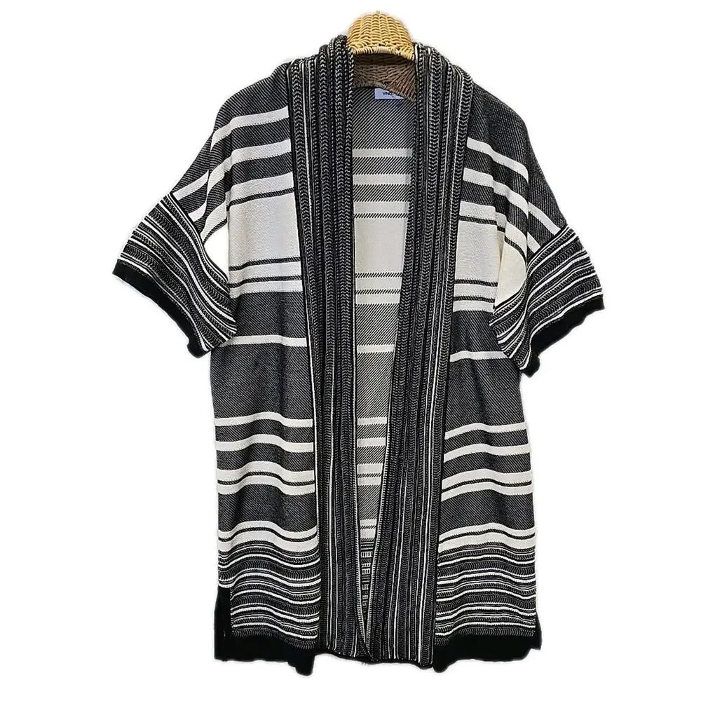 Vince Oversized Duster Cardigan S Black White Mixed Stripe Cotton Knit Kimono